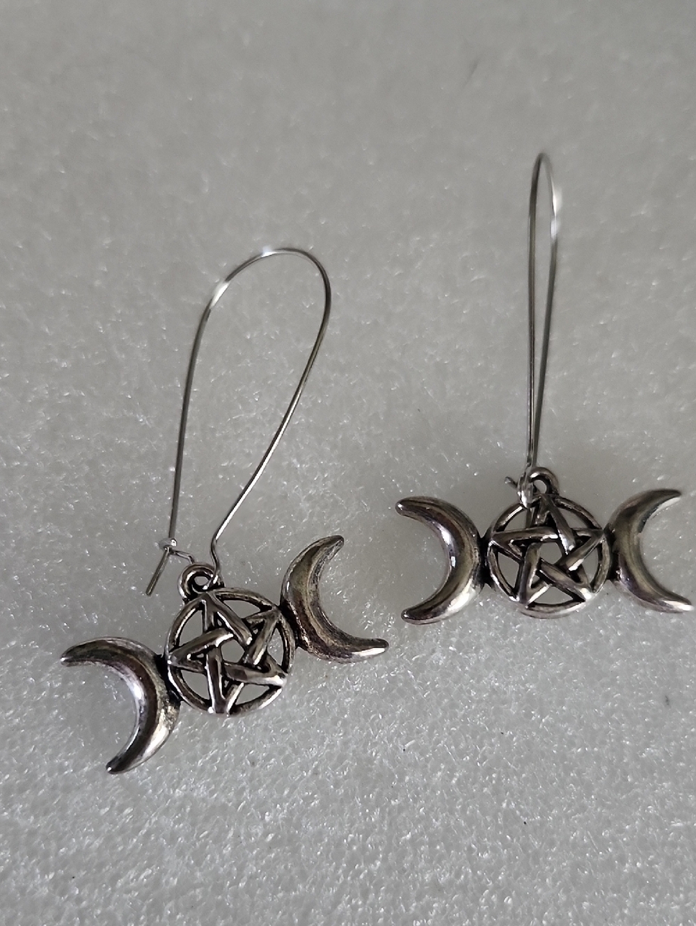 Hand Crafted Silver Triple Moon Pentagram Earrings